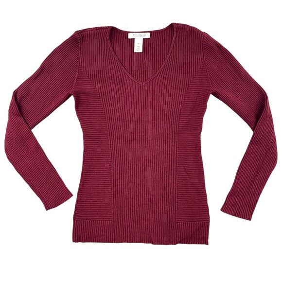 White House Black Market Sweaters - White House Black Market Burgundy V Neck Ribbed Sweater